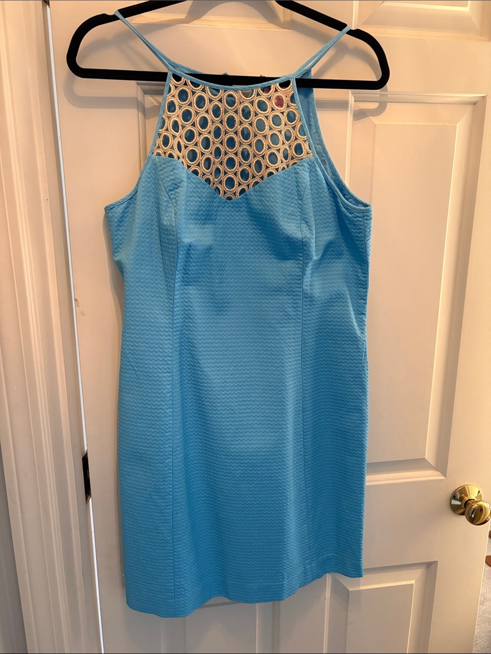 Lilly Pulitzer Sky Blue Halter Mini Dress with Cream Crochet Yoke